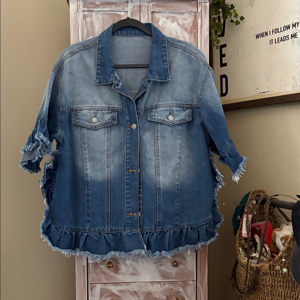 Distressed Denim Jacket with Ruffle Hem
